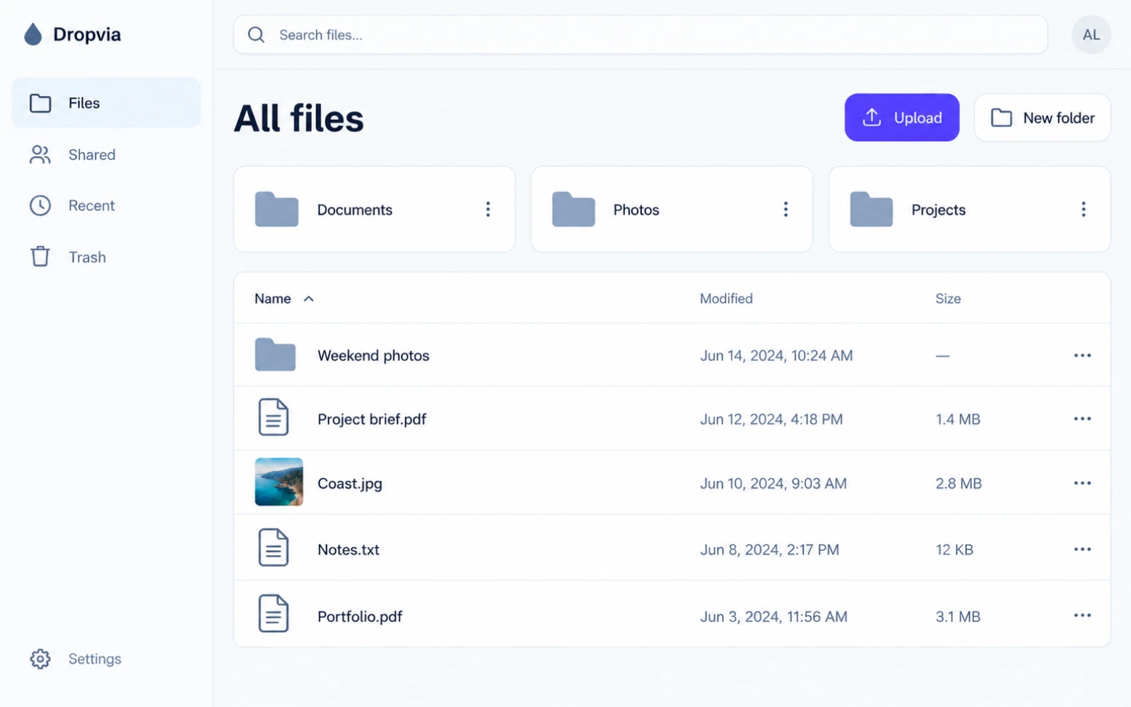 Dropvia file dashboard open in Safari on macOS.